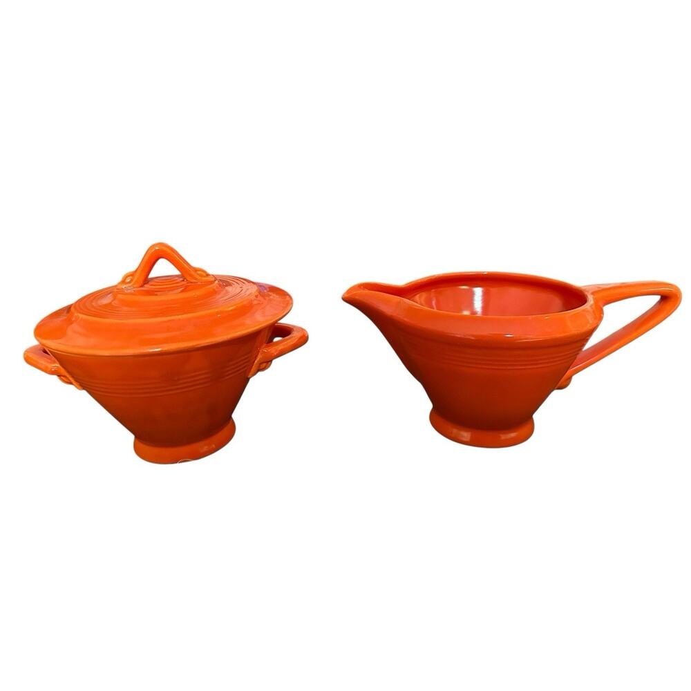 Vintage Harlequin Homer Laughlin Red Orange Sugar & Creamer EUC